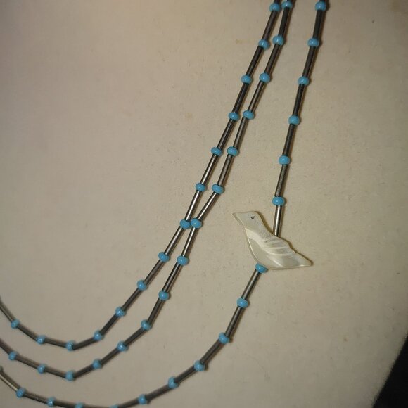 Vintage Fetish Multi Strand Necklace Turquoise Silver 925 Bead Mother Of Pearl - Picture 6 of 9